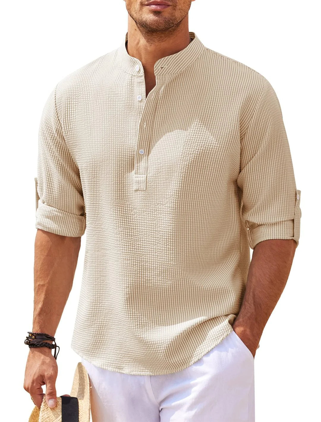 TheZynqo Stand Collar Button Shirt Summer Pineapple Texture Shirt Casual Top Men's Clothing