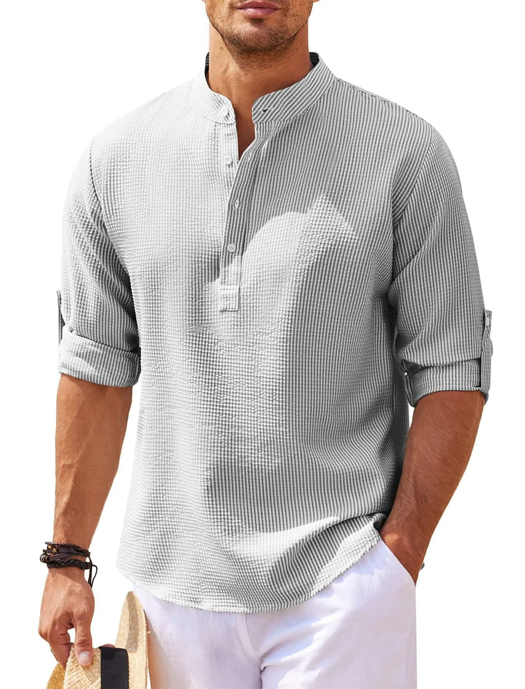TheZynqo Stand Collar Button Shirt Summer Pineapple Texture Shirt Casual Top Men's Clothing