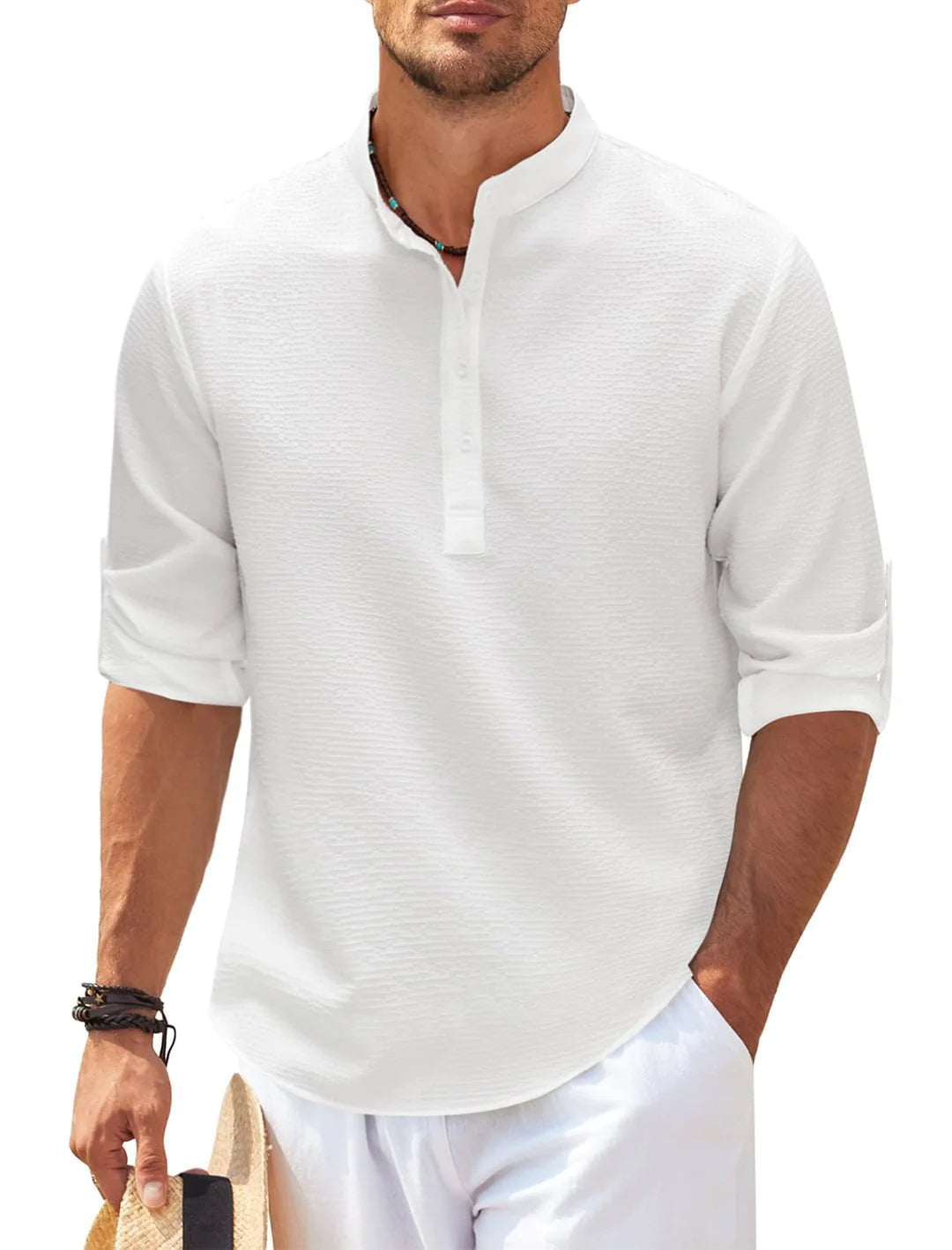 TheZynqo Stand Collar Button Shirt Summer Pineapple Texture Shirt Casual Top Men's Clothing
