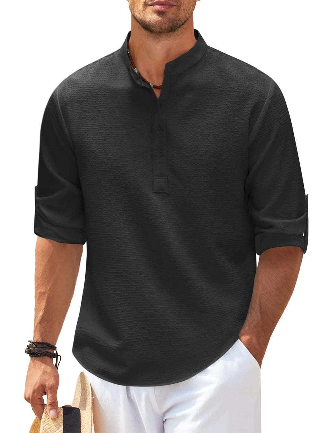 TheZynqo Stand Collar Button Shirt Summer Pineapple Texture Shirt Casual Top Men's Clothing