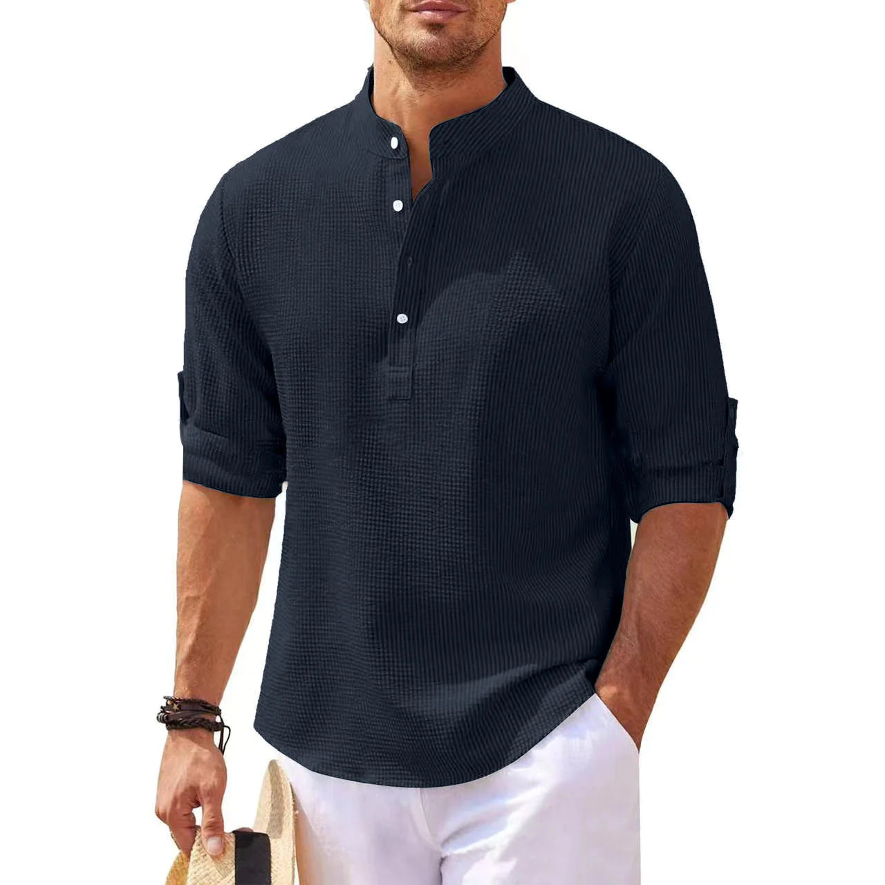 TheZynqo Stand Collar Button Shirt Summer Pineapple Texture Shirt Casual Top Men's Clothing