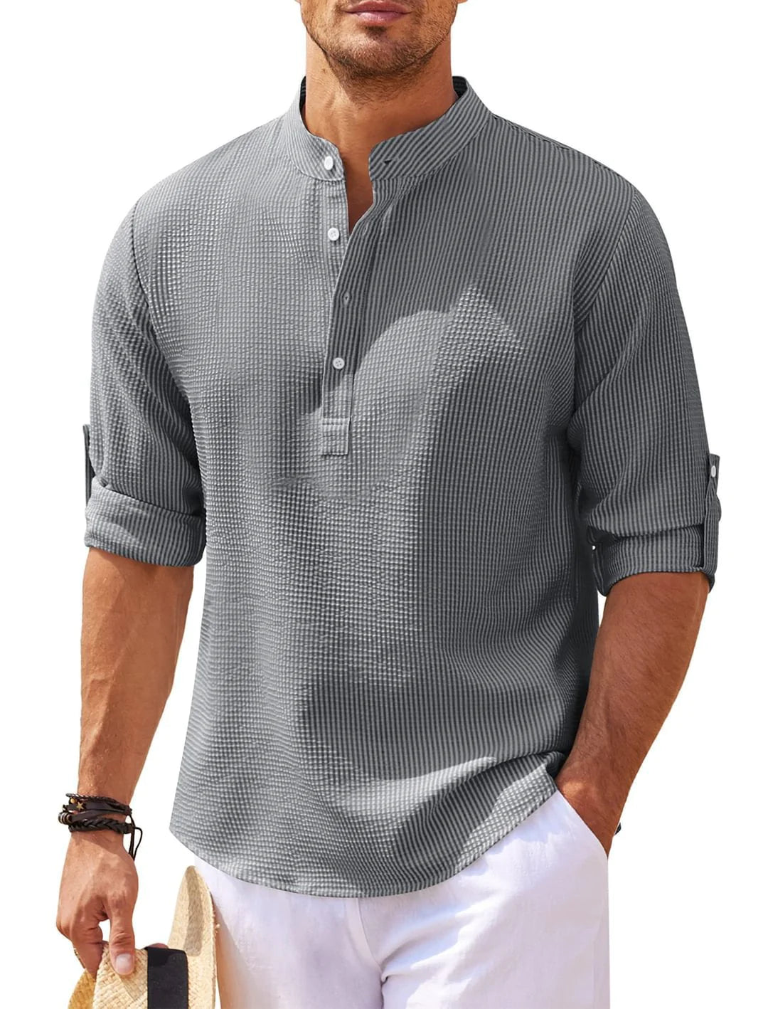 TheZynqo Stand Collar Button Shirt Summer Pineapple Texture Shirt Casual Top Men's Clothing