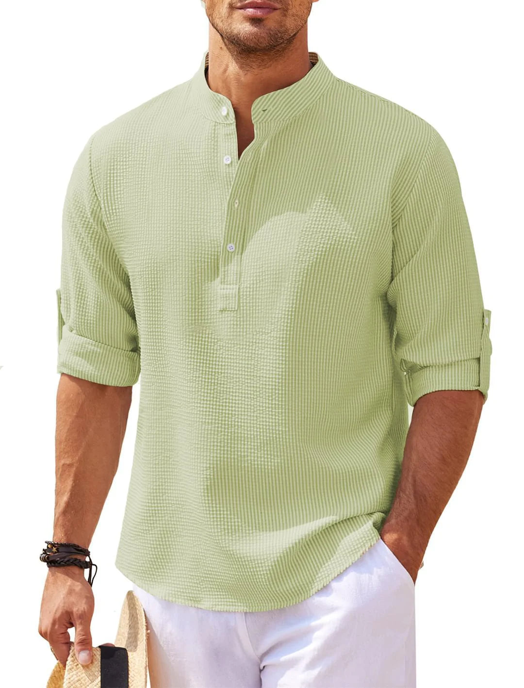 TheZynqo Stand Collar Button Shirt Summer Pineapple Texture Shirt Casual Top Men's Clothing