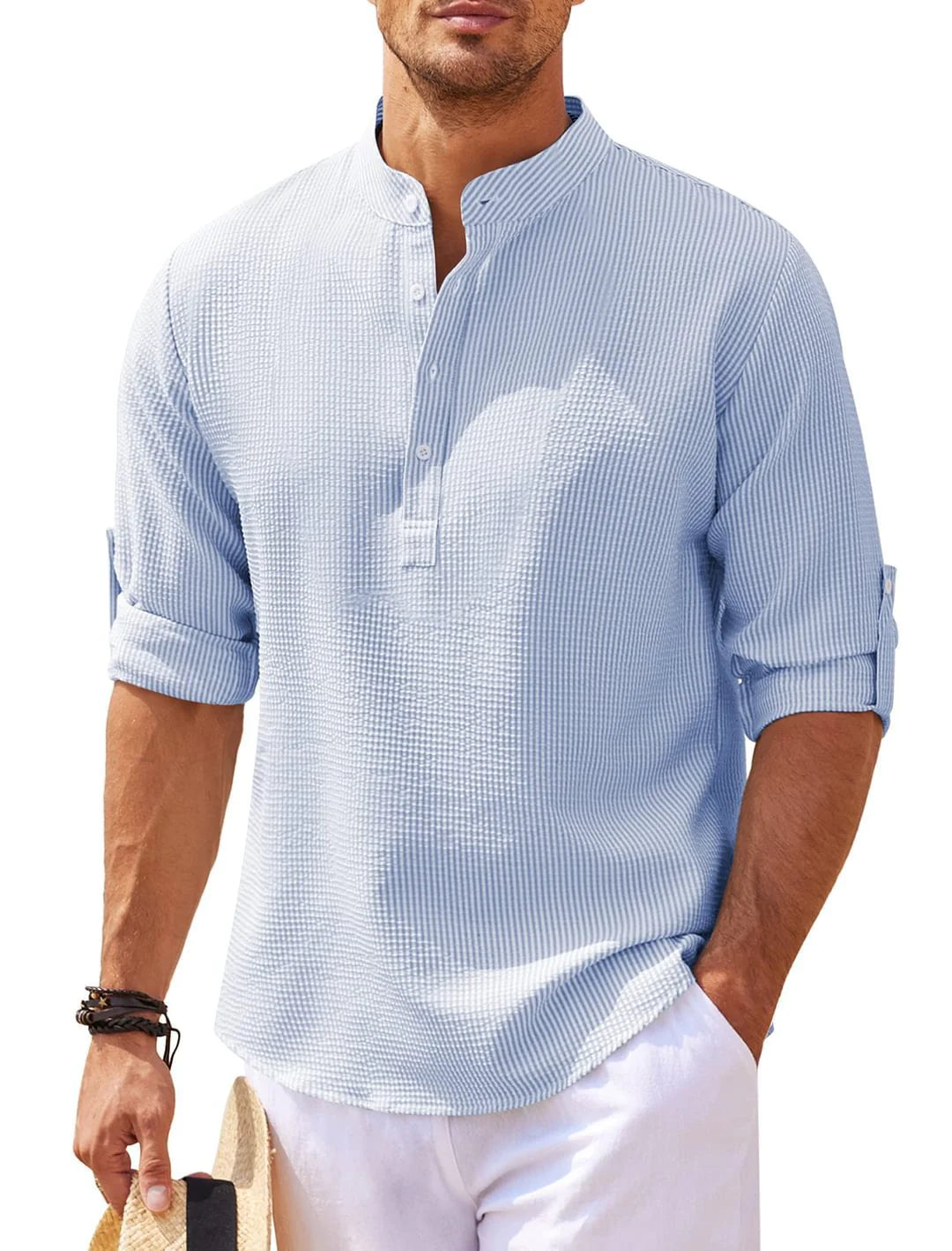 TheZynqo Stand Collar Button Shirt Summer Pineapple Texture Shirt Casual Top Men's Clothing