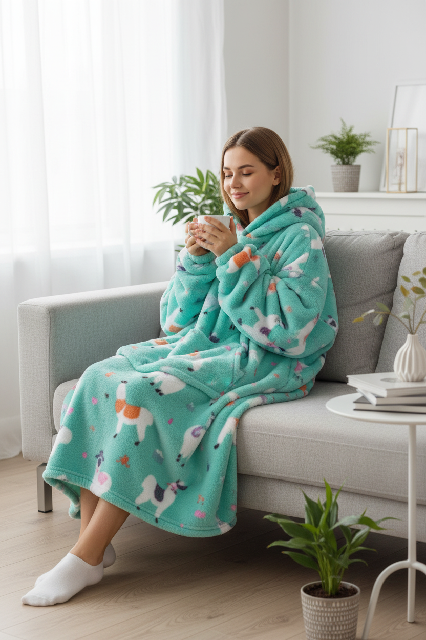 Woman relaxing in hoodie blanket